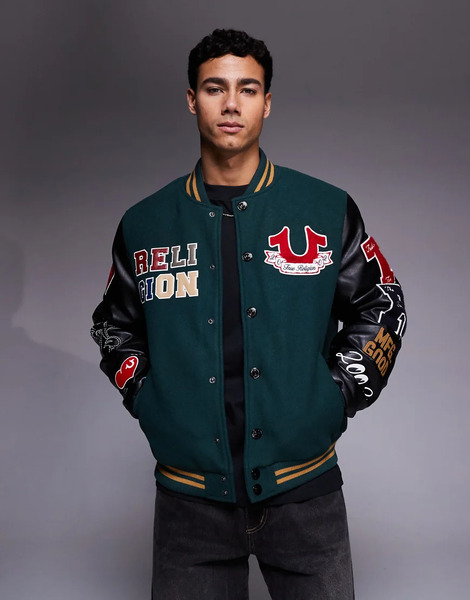  True Religion Patch Embroidered Varsity Jacket In Green 