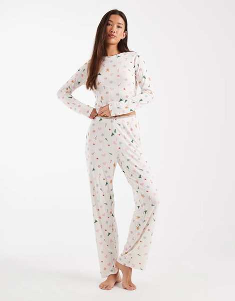  Urban Threads Christmas Pointelle Pyjama Trouser In Cream Multi 
