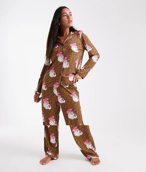  Urban Threads Christmas Santa Leopard Print Pyjama Set In Brown 