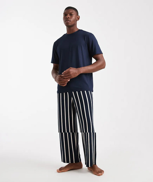  Urban Threads T Shirt And Trouser Pyjama Set In Navy Stripe 
