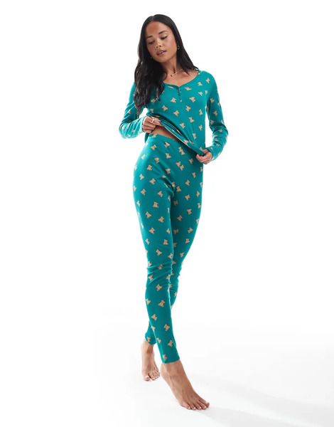  Urban Threads Teddy Print Rib Pyjama Bottom In Teal Blue 