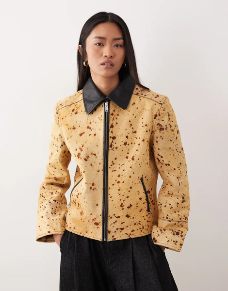  Urbancode Boxy Fit Jacket In Cream And Brown Cow Print Multi 