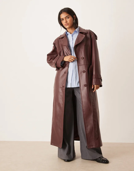  Urbancode Faux Leather Drop Shoulder Oversized Trench Coat In Deep Burgundy Red 