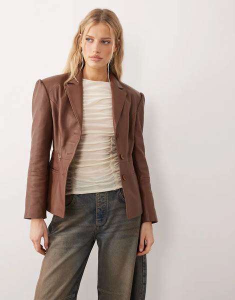  Urbancode Fitted Leather Blazer Jacket In Brown 
