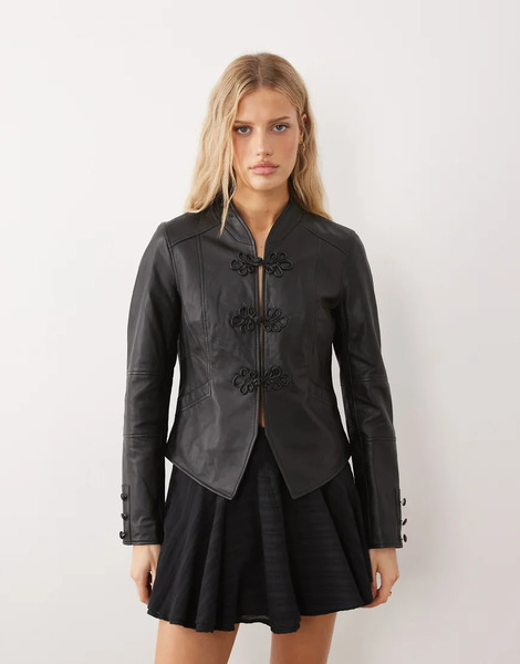  Urbancode Leather Fitted Military Style Jacket With Frog Clasps In Black 