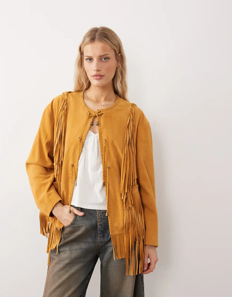  Urbancode Oversized Boho Suede Fringed Jacket In Yellow 