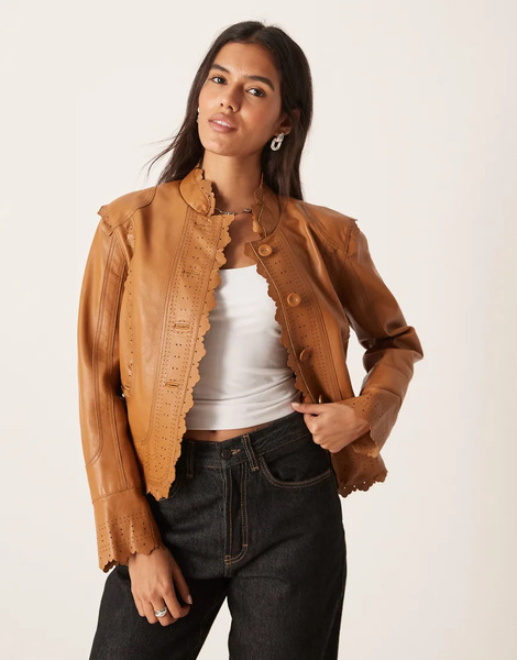  Urbancode Scallop Edge Cropped Leather Jacket In Chestnut Brown 