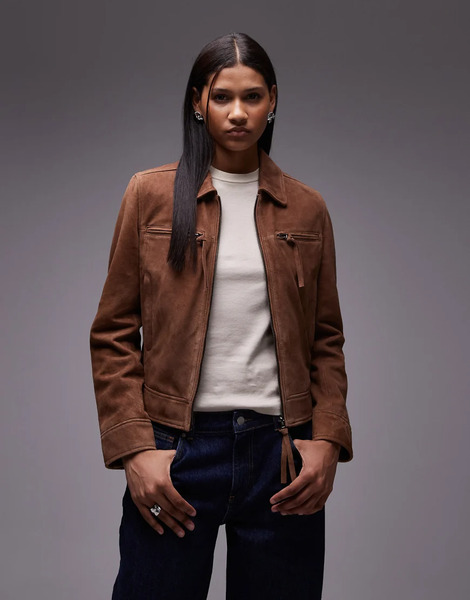  Urbancode Suede Zip Through Fitted Moto Jacket In Cognac Neutral 