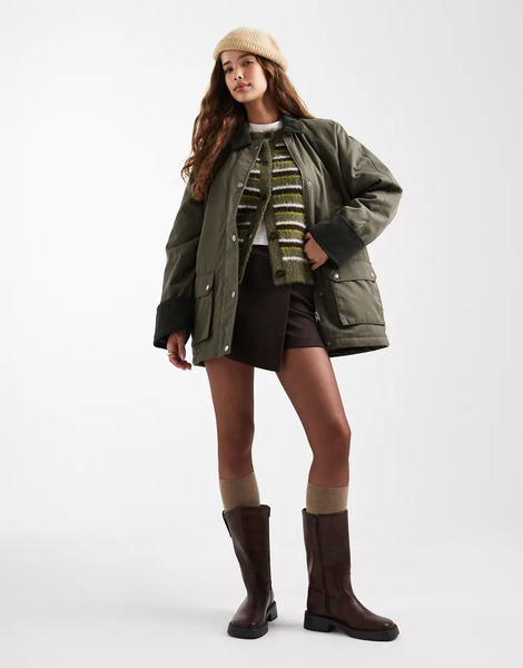 Vero Moda Barn Jacket With Contrast Cord Trim In Khaki Green 