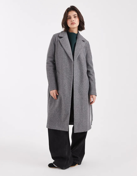  Vero Moda Belted Formal Midi Coat In Medium Grey Melange 