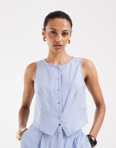  Vero Moda Button Front Sleeveless Top Co Ord In Brunnera Blue 