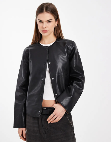  Vero Moda Collarless Faux Leather Short Jacket With Quilted Lining In Black 