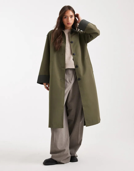  Vero Moda Contrast Collar Button Down Trench Coat In Khaki Green 