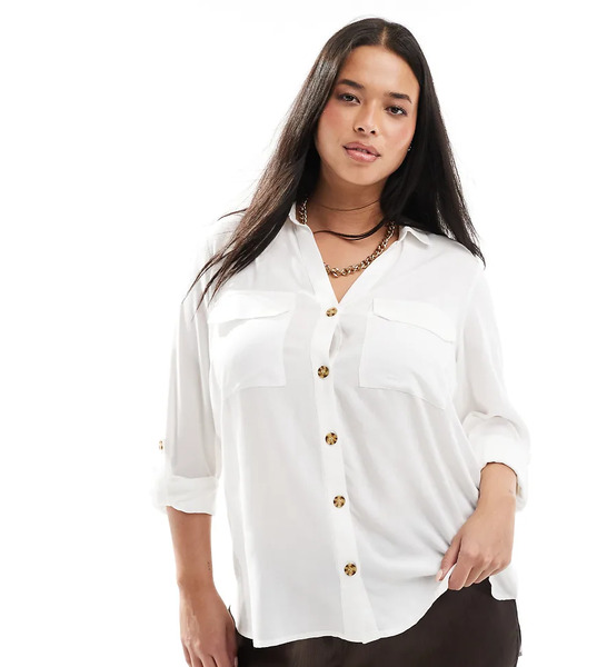  Vero Moda Curve Button Down Shirt With Pocket Detail In White 