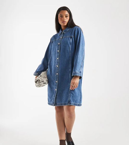  Vero Moda Curve Button Front Denim Mini Dress In Medium Blue Wash 