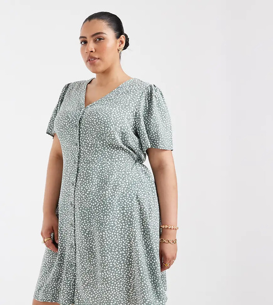  Vero Moda Curve Button Through Mini Skater Dress In Sage Green Spot 