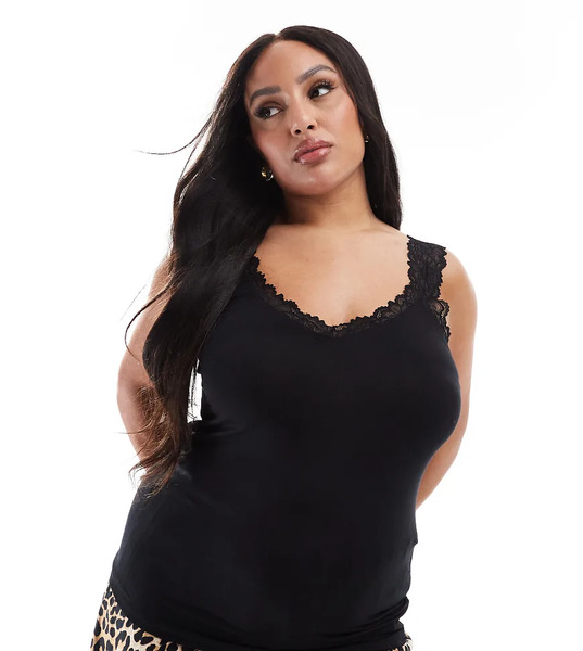  Vero Moda Curve Jersey Tank With Lace Trim In Black 