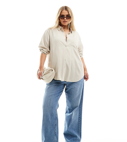  Vero Moda Curve Linen Blend Long Sleeved Shirt In Stone Neutral 