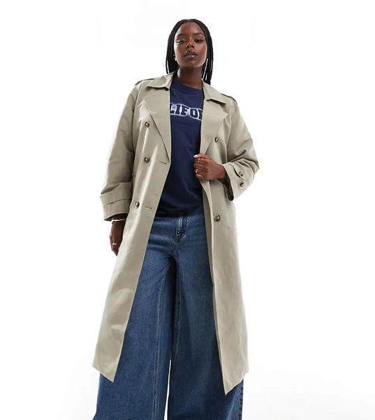  Vero Moda Curve Longline Belted Trench Coat In Stone Neutral 