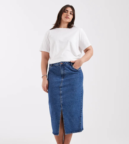 Vero Moda Curve Split Front Denim Midi Skirt In Medium Blue Wash 