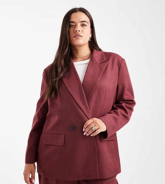  Vero Moda Curve Tailored Herringbone Co Ord Blazer In Burgundy 