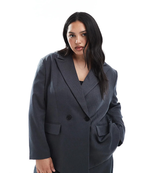  Vero Moda Curve Tailored Herringbone Co Ord Blazer In Dark Grey Melange 