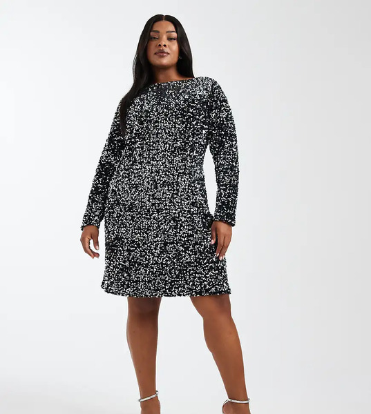  Vero Moda Curve Textured Sequin Dress In Black And Silver 