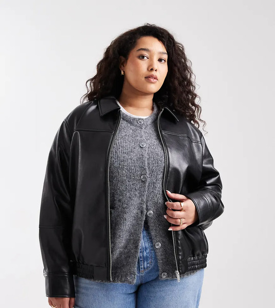  Vero Moda Curve Zip Front Leather Look Harrington Jacket In Black 
