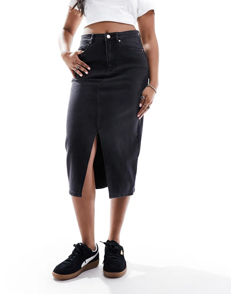  Vero Moda Denim Midaxi Skirt With Front Split In Washed Black 
