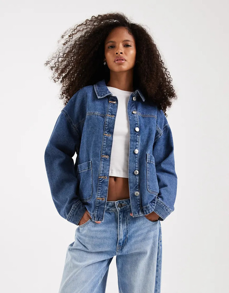  Vero Moda Denim Shacket With Front Pockets In Medium Blue Wash 