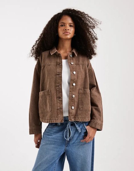  Vero Moda Denim Shacket With Front Pockets In Washed Brown 