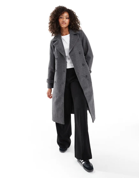  Vero Moda Double Breasted Belted Midi Coat In Dark Grey Melange 