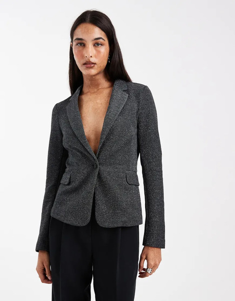  Vero Moda Glitter Fitted Stretch Blazer In Black And Silver 
