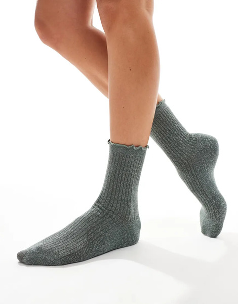  Vero Moda Glitter Sock With Frill Edge In Khaki Green 