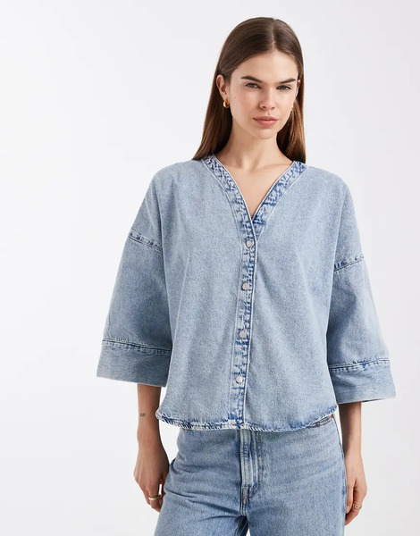  Vero Moda Half Sleeve Oversized Fit Denim Top In Light Blue Wash 