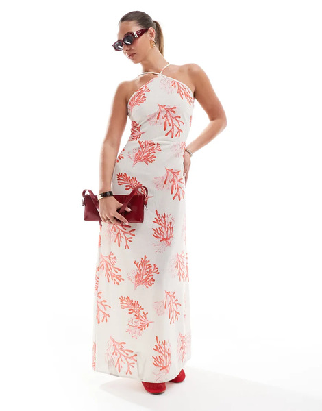  Vero Moda Halter Maxi Dress In Coral Print Multi 