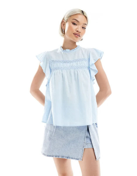  Vero Moda High Neck Flutter Sleeved Embroidered Top In Blue 