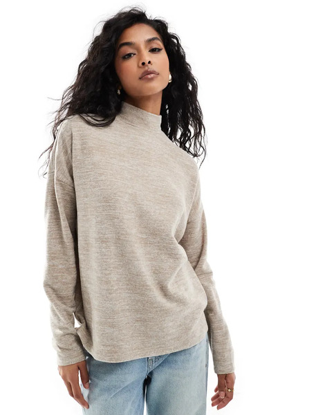  Vero Moda High Neck Oversized Jersey Top In Beige Melange Neutral 