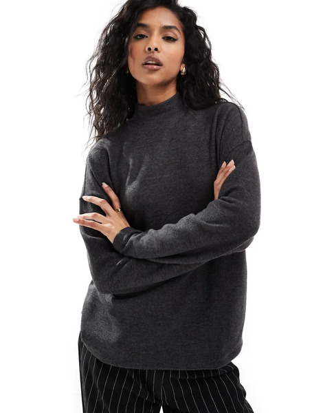  Vero Moda High Neck Oversized Jersey Top In Black Melange 