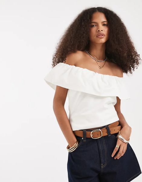  Vero Moda Jersey Top With Woven Poplin Off Shoulder Ruffle In White 