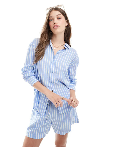  Vero Moda Linen Oversized Shirt Co Ord In Blue Stripe 