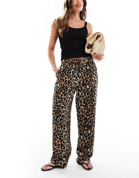  Vero Moda Linen Touch Wide Leg Trousers In Leopard Print Multi 