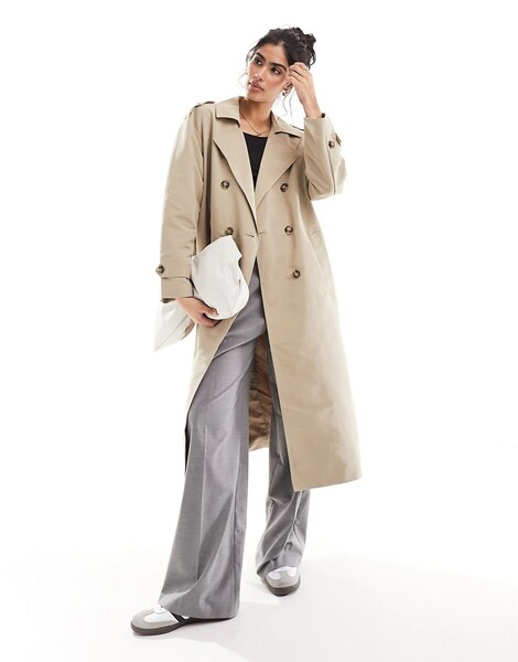  Vero Moda Longline Belted Trench Coat In Stone Neutral 