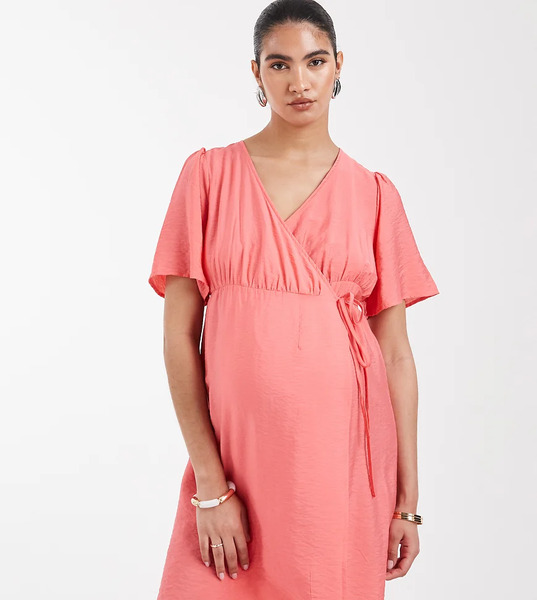  Vero Moda Maternity Flutter Sleeve Wrap Front Mini Dress In Coral Pink 