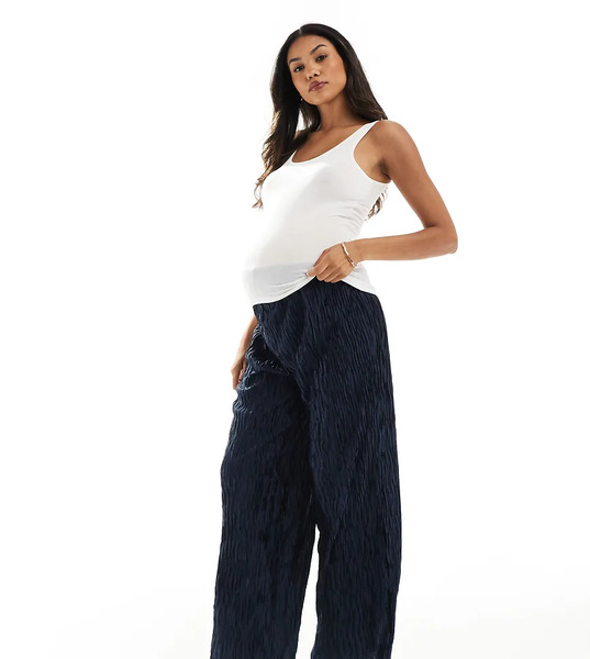  Vero Moda Maternity Textured Plisse Wide Leg Trouser In Navy 
