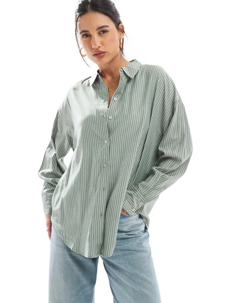  Vero Moda Oversized Shirt In Green And White Stripe 