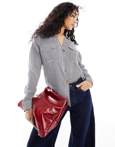  Vero Moda Pocket Front Shirt In Navy Stripe White 