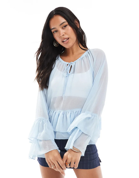  Vero Moda Ruffle Hem Boho Style Top In Soft Blue 