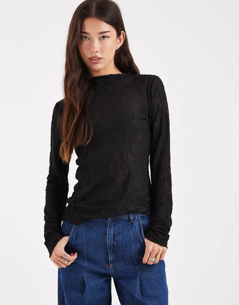  Vero Moda Sheer Floral Burnout Longsleeve Top In Black 