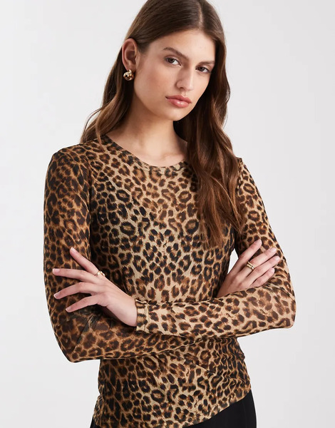  Vero Moda Sheer Long Sleeve Mesh Top In Leopard Print Neutral 